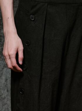 「 凌鸦ILNya 」廊_黑 排扣马裤 亚麻直筒修身休闲裤长裤秋冬