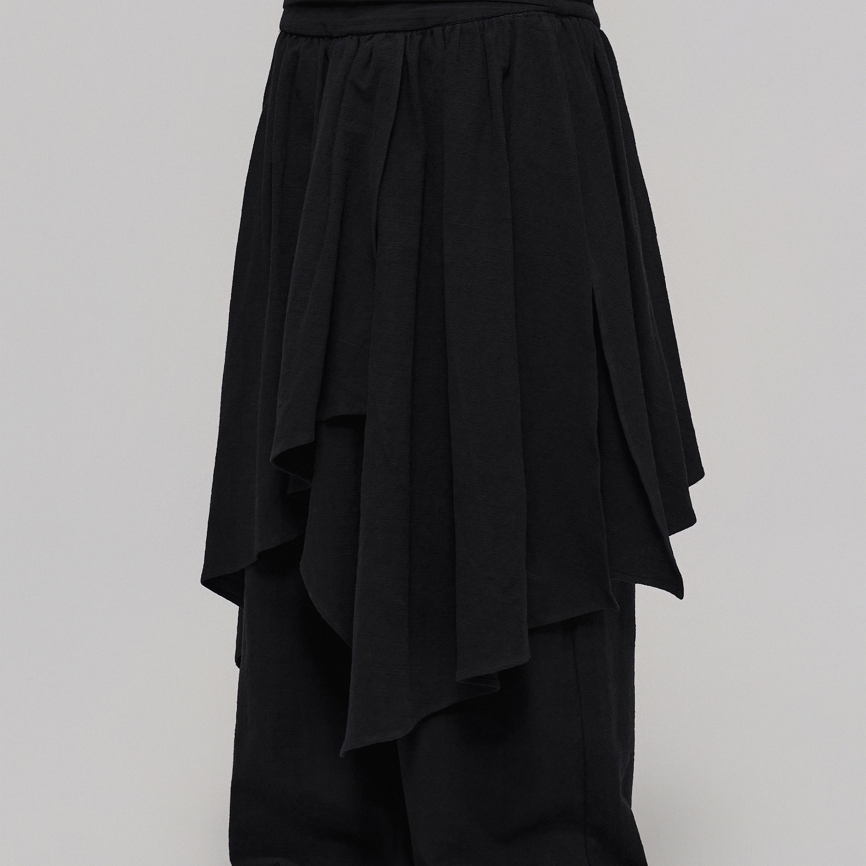 「 凌鸦ILNya 」差池_黑 乱褶飘片裙裤 棉麻混纺高腰休闲裤