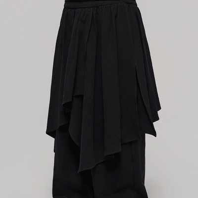 「 凌鸦ILNya 」差池_黑 乱褶飘片裙裤 棉麻混纺高腰休闲裤