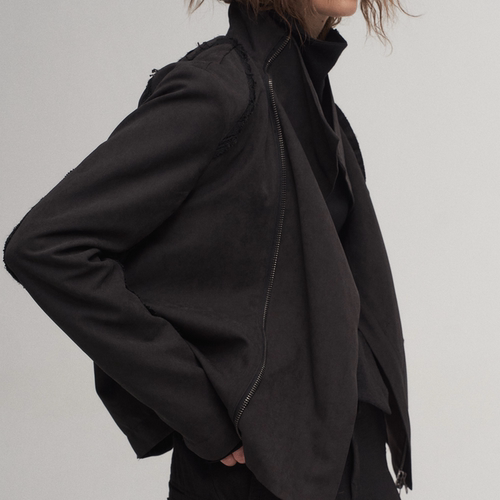 「 凌鸦ILNya 」差池_黑灰 蓓蕾花边夹克 梭针织拼料修身做旧外套