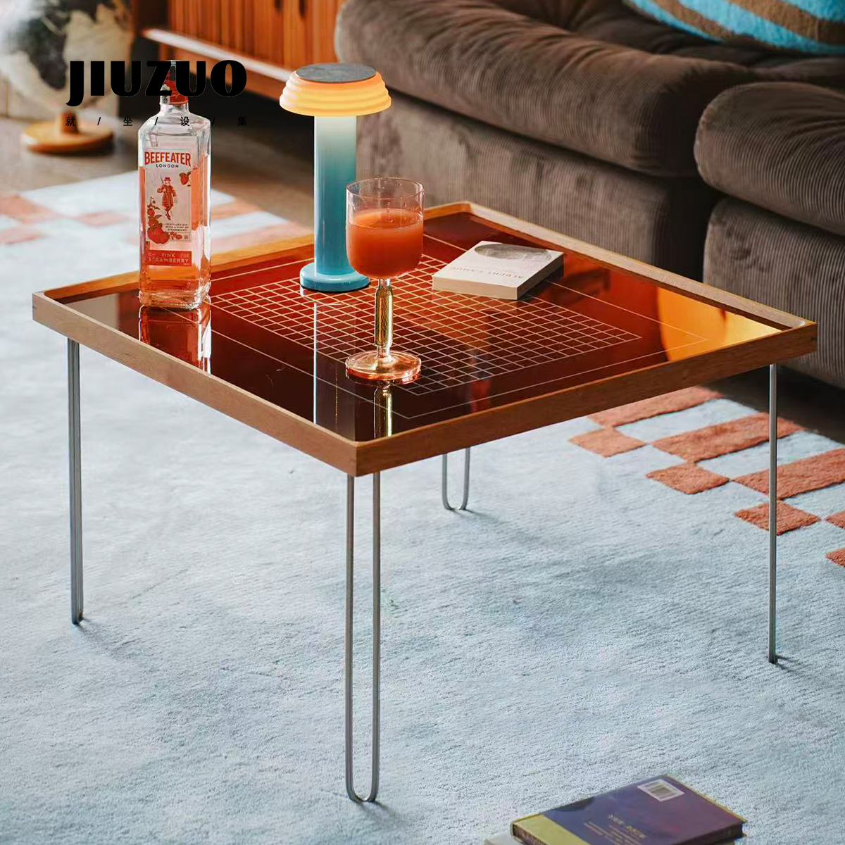 钢化玻璃台面拼接柚木包豪斯边几