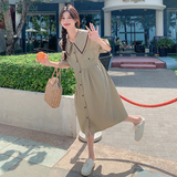 卡其色文艺娃娃领连衣裙女2025新款法式减龄学院风宽松收腰衬衫裙，女装连衣裙，2C056