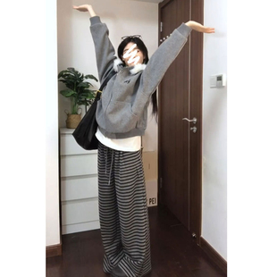 条纹糯米裤子女款小个子阔腿裤2025新款秋冬季垂感休闲裤子145xxs