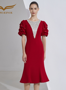 创意狐红色礼服裙高端轻奢小众晚宴会主持人礼裙气质演出服连衣裙