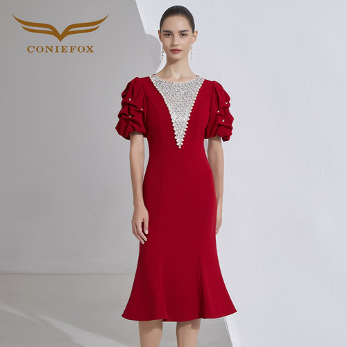 创意狐红色礼服裙高端轻奢小众