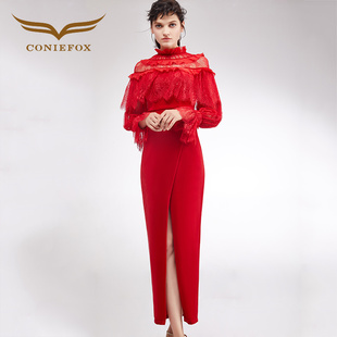 创意狐红色结婚礼服答谢宴敬酒服新娘回门连衣裙长款丝绒鱼尾礼裙