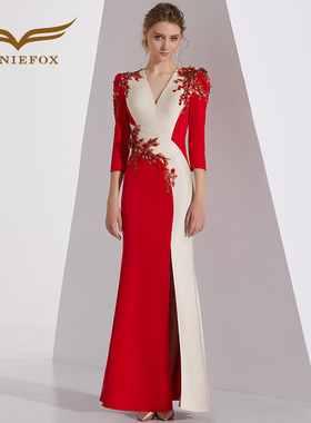 创意狐晚礼服法式长袖高端宴会年会主持人礼服长款红色演出服长裙