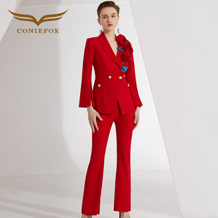 女秋时尚 套装 气质主持人服装 裤 两件套 创意狐红色高端职业装 装 西装