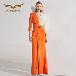 创意狐长袖晚礼服高端轻奢小众长款年会礼服高级感生日礼服连衣裙