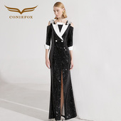 创意狐晚礼服女2025新款 坠地连衣裙宴会礼服 黑色艺考独唱礼服长款