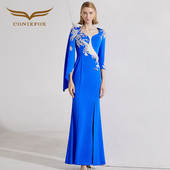 创意狐晚礼服女2026优雅高级感端庄大气蓝色长裙宴会主持人礼服裙