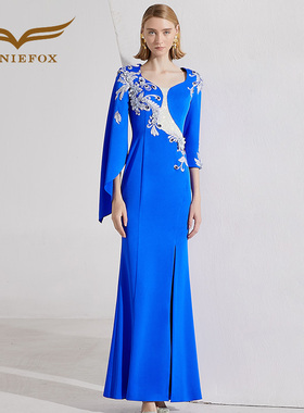 创意狐晚礼服女2026优雅高级感端庄大气蓝色长裙宴会主持人礼服裙