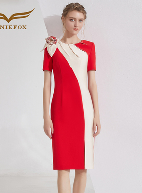 创意狐红色晚礼服高端晚宴会年会主持人礼裙中长款演出服连衣裙女