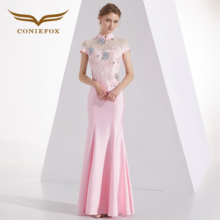 创意狐新中式粉色礼服订婚敬酒服改良国风旗袍晚会主持长款鱼尾裙