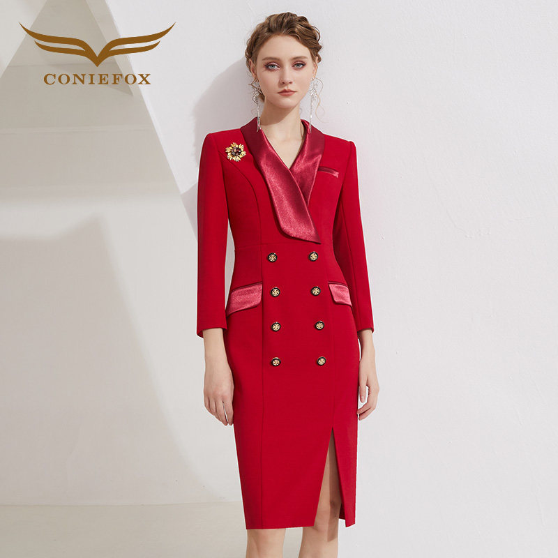 创意狐礼服高端大气权利美学女魔头端庄韩系穿搭主持人长袖连衣裙