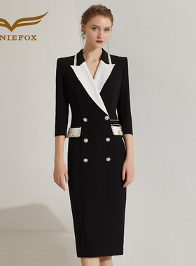 创意狐黑色西装连衣裙女2026大气年会主持人晚宴会名媛气质礼服裙