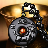 羊财满贯吊坠黑曜石属马人2026年吉祥物男女生肖马佩戴挂件