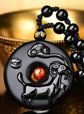 羊财满贯吊坠黑曜石属马人2026年吉祥物男女生肖马佩戴挂件