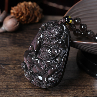 天然磨砂冰种彩虹眼黑曜石达摩祖师一苇渡江达摩钟馗吊坠项链