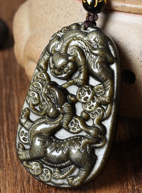 金曜石双貔貅吊坠情侣款饰品水晶黑曜石挂坠麒麟献瑞项链