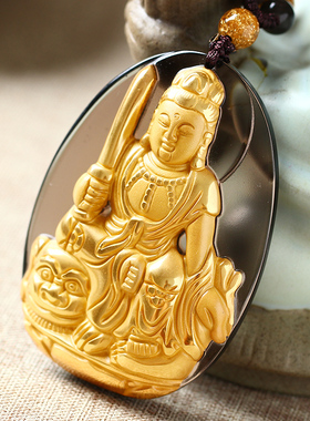 镀金冰种黑曜石文殊菩萨属兔吊坠