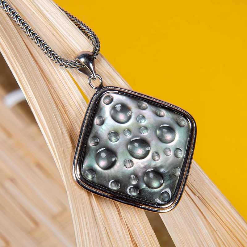 贝雕方形银项链新中式吊坠女