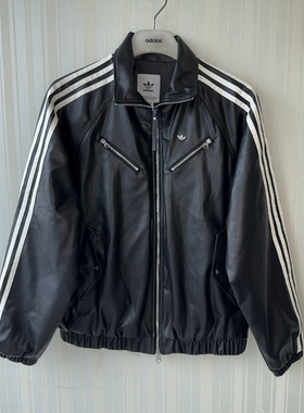 潮包背 现货 Adidas 三叶草女子亮泽感仿皮机车风风衣棉服 JD3778