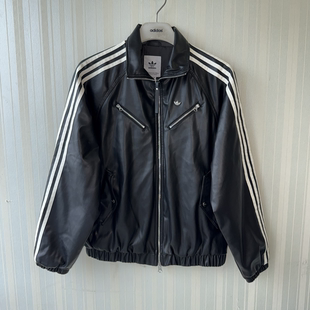 潮包背 现货 Adidas 三叶草女子亮泽感仿皮机车风风衣棉服 JD3778