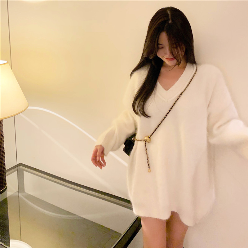 Real shot 2021 autumn and winter new mink like cashmere sweater women's loose Pullover long sleeve lazy wind V-neck