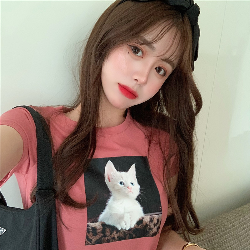 Real shot 2021 new summer ins net red American retro cat fashion printed T-shirt