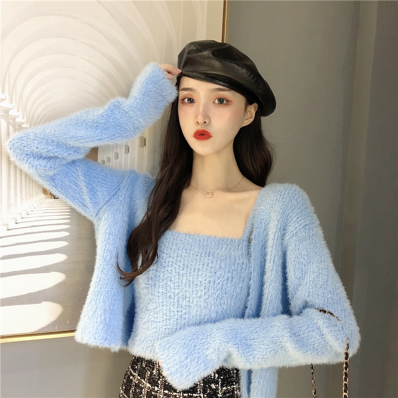 Two pieces of real shot imitation mink loose sweater coat + slim suspender vest for women autumn and winter