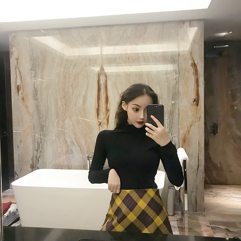 Real shot long sleeve T-shirt for women in autumn and winter of 2021 new black thin and versatile bottom shirt half high collar slim and thin