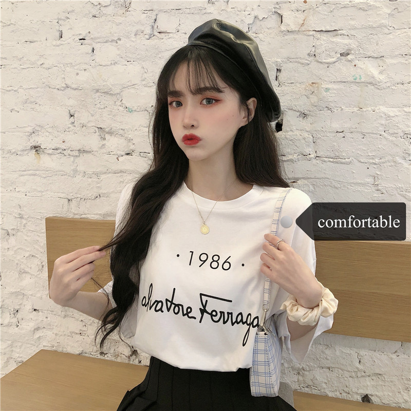 實拍 領字母印花打底衫春裝2021新款女韓版寬鬆短袖t恤