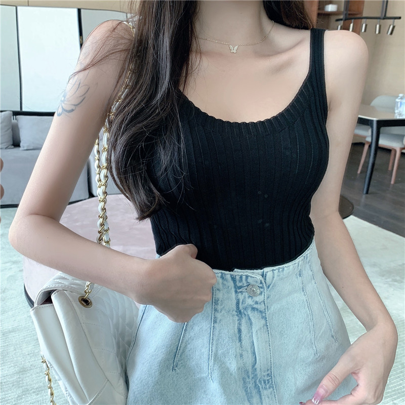 Real shot knitted suspender for women with bottom vest inside and net red slim sleeveless T-shirt outside