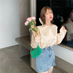 Real shot 2021 off shoulder Satin top Hong Kong style new female loose fit Korean version careful machine long sleeve T-shirt