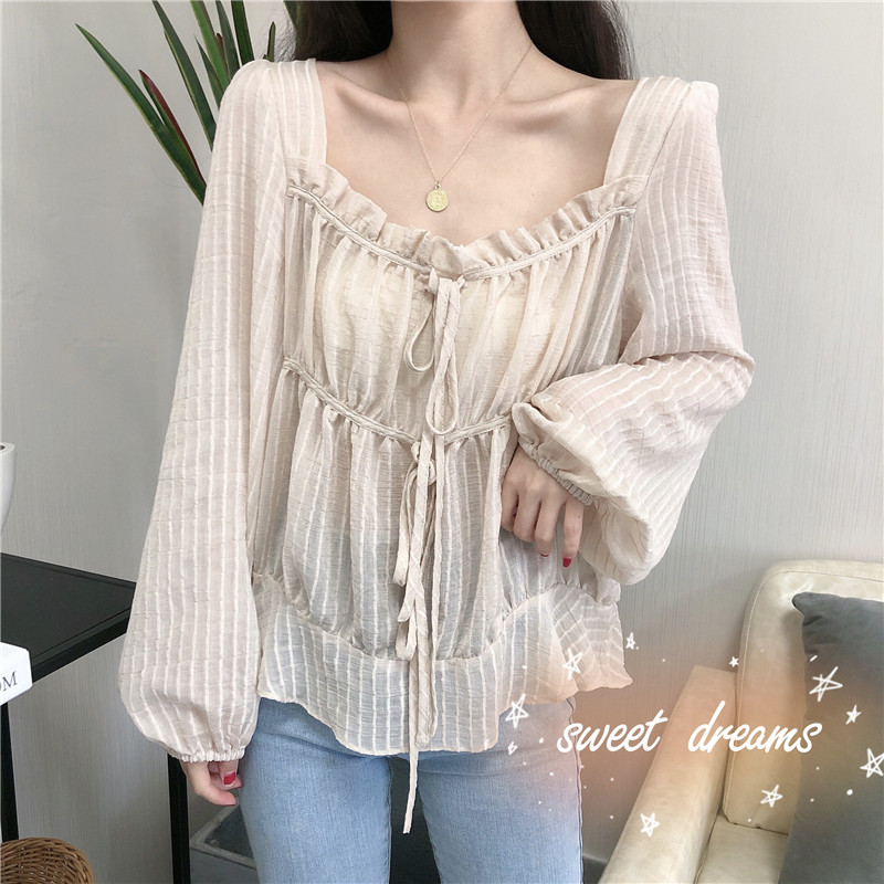 Real shot design feeling square neck jacket French bubble sleeve bow tie bottom fold waist long sleeve shirt girl