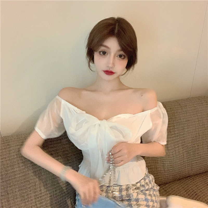 實拍 法式泡泡短袖襯衫蝴蝶結綁帶上衣設計感小眾襯衣女