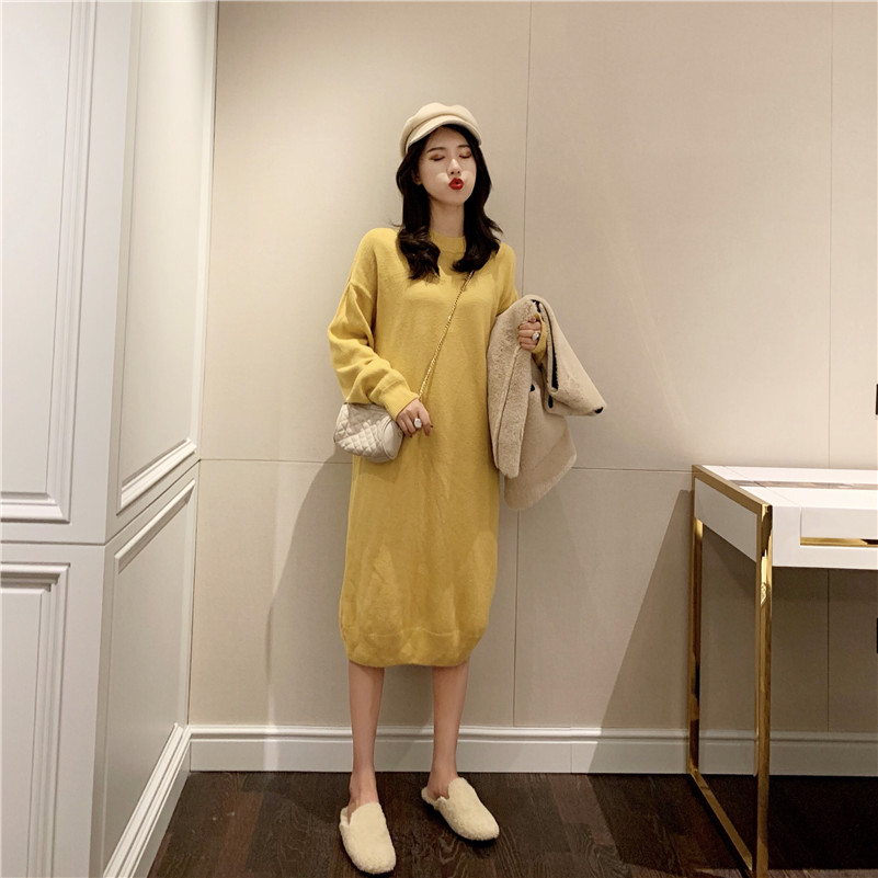 Real photo of new lazy wind women's long knee sweater core spun yarn knitted wool dress in autumn and winter of 2021