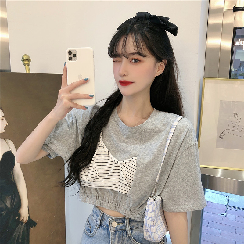 實拍夏季新款百搭寬鬆短款鬆緊腰條紋假兩件套T恤上衣女