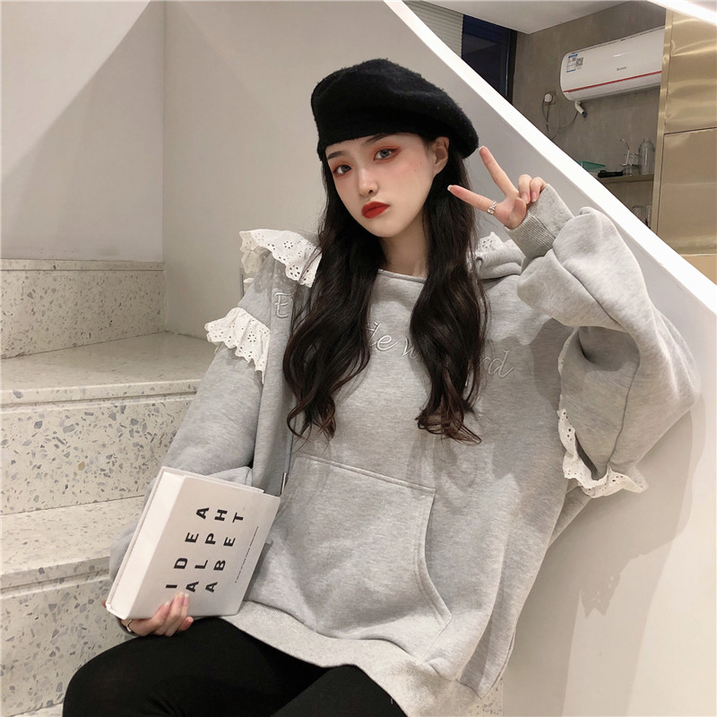Real shot sweater design sense add velvet Korean women's 2021 top loose lace autumn and winter hooded women