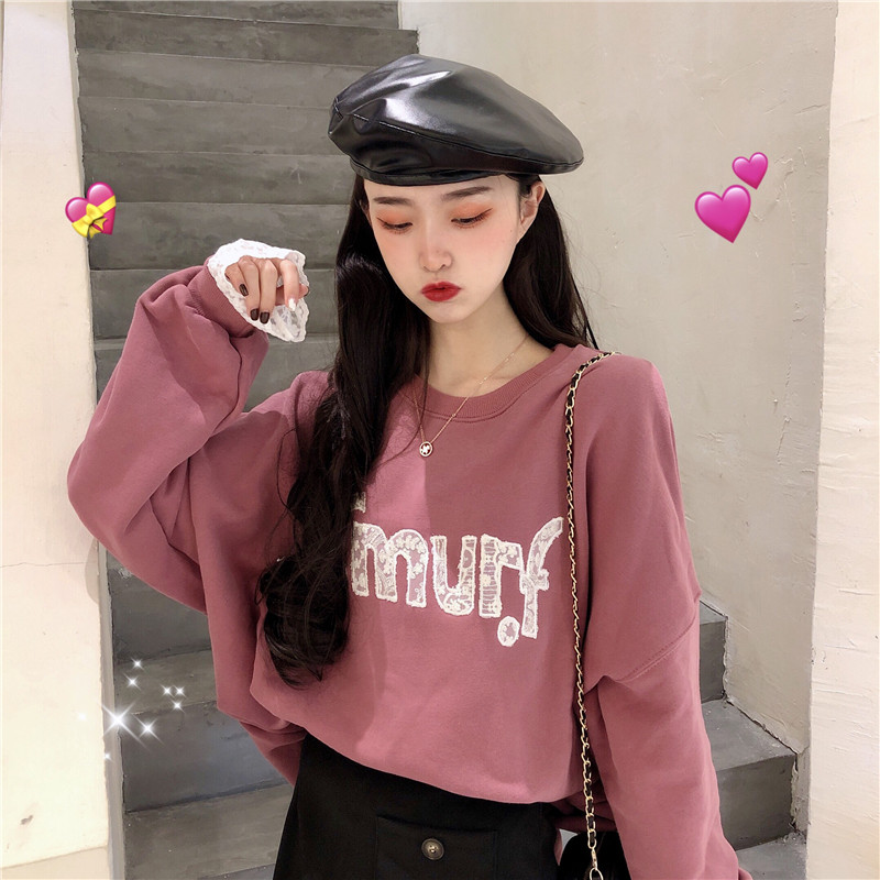 Korean version sweet lace letter sweater women lace cuffs round neck loose top