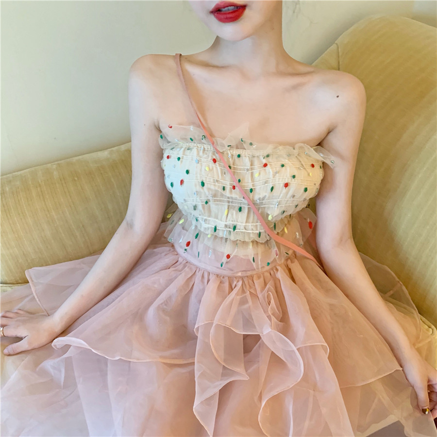 Real shot 2021 new spring mesh embroidery bra vest Auricularia lace dot sling