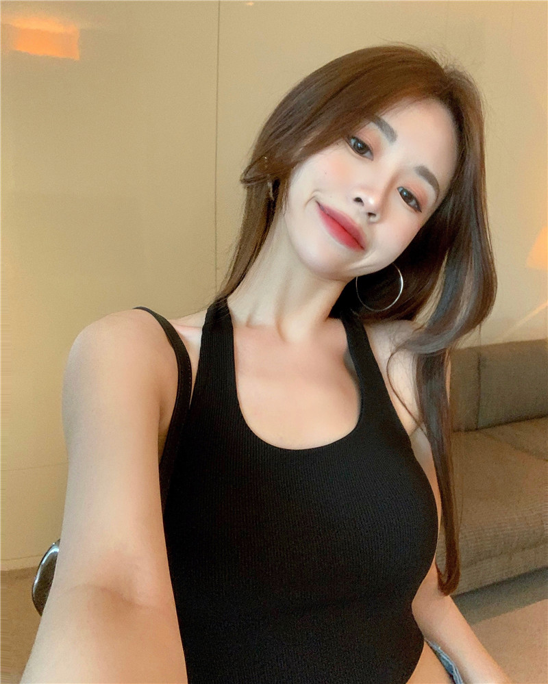實拍 掛脖背心女純色短款露臍U領無袖吊帶衫打底內搭上衣