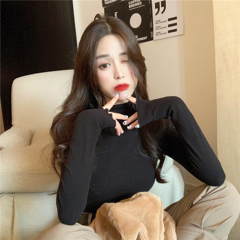 Real shot Korean slim long sleeve wave collar thickened base shirt simple small versatile T-shirt