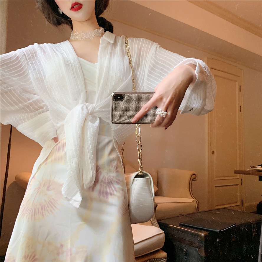 Real shot 2021 new spring niche micro transparent striped shirt + printed skirt