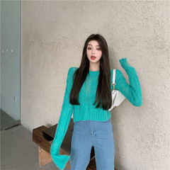 Real shot 2020 new hollow jacquard T-shirt loose short long sleeve solid color mixed with mohair