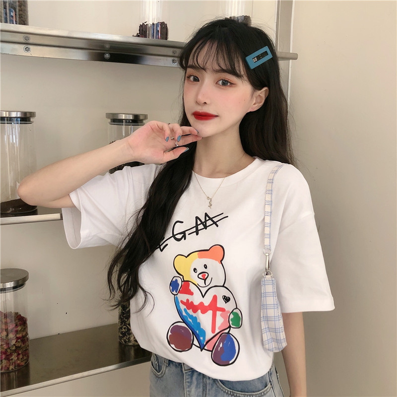 Real shot medium and long bear letter printed T-Shirt New Super hot girl's top fashion in spring and summer of 2021