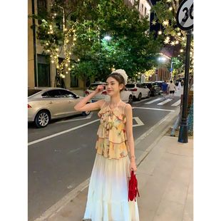 纯欲挂脖扎染印花度假吊带小衫 FEI 新款 MAO 韩系甜美夏季