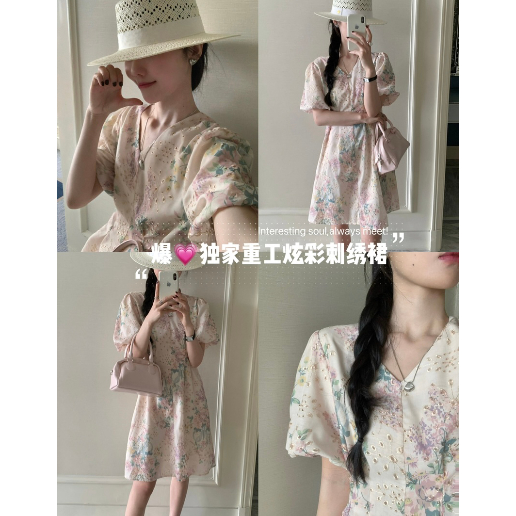 DARA ROSE秒手慢无重工刺绣碎花V领显瘦短款连衣裙