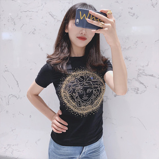 Versace范思哲风美杜莎烫钻短袖T恤女黑色圆领纯棉上衣